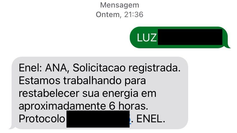 Mensagem da Enel às 21h36 de sexta dizendo que o prazo pra voltar a luz era "em aproximadamente 6 horas" (ou seja, por volta das 3h30 de sábado)