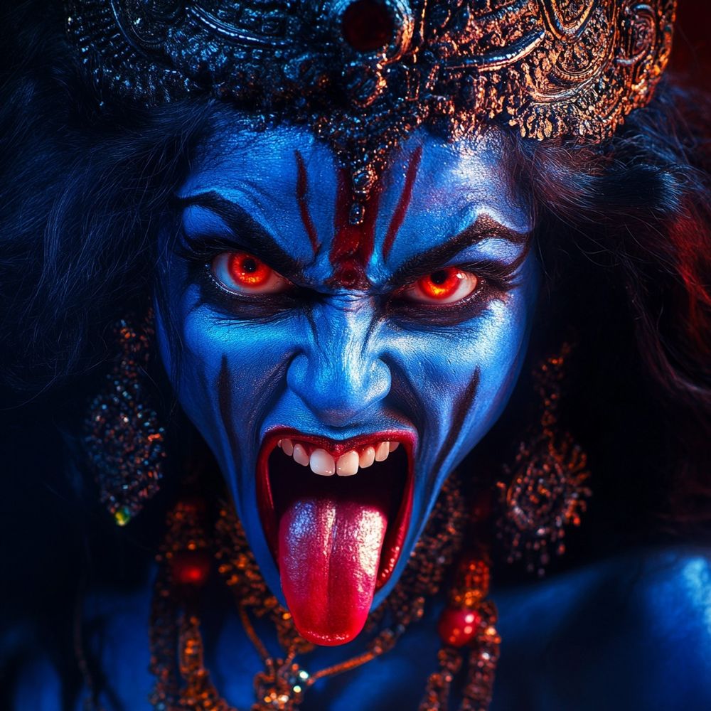 Artist: (lahiru4862)
extremely aggressive beautiful indian goddess Kali amman open mouth and red tongue out, with deep blue skin, disheveled black hair,cenematic light effects,extremely fierce