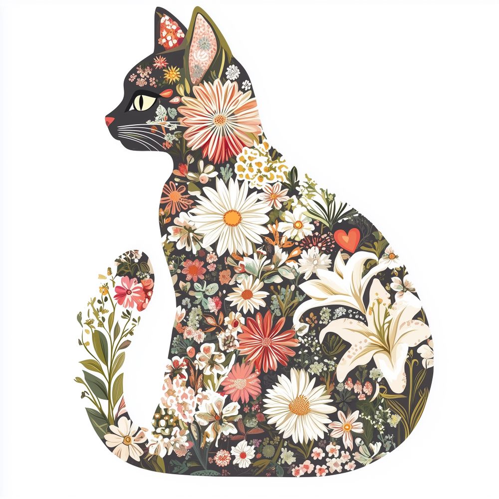 Artist: (notalkstuff)
A floral silhouette of a cat, filled with intricate patterns flowers, white daisies, cali lilys and other delicate flowers. The design includes around the cat, creating whimsical atmosphere. The artwork is placed on a white backgroundt, neutral tones...