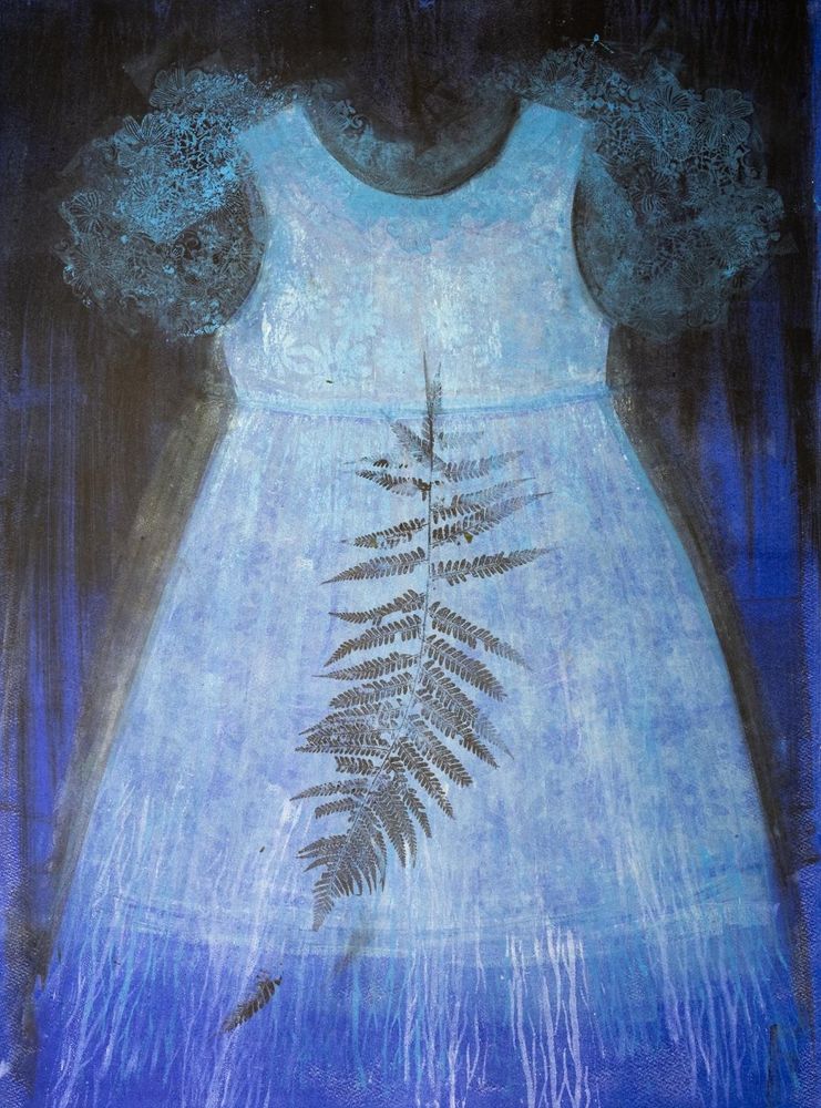 Monoprint child’s dress with fern leaf blue print Fiona Wilson art
