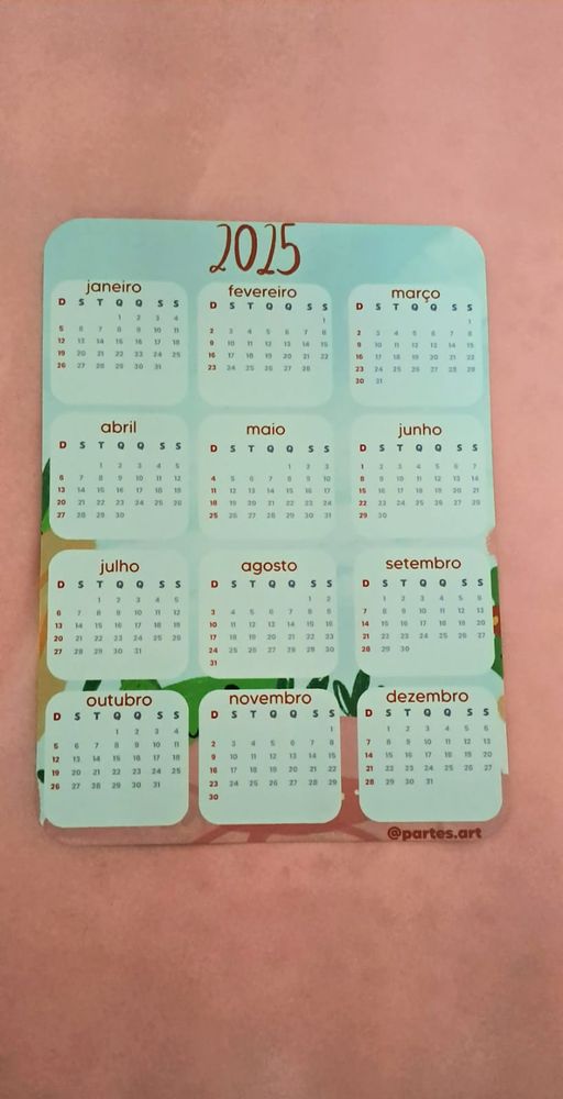 Foto do verso do mini calendário
com 2025 escrito em vermelho e abaixo todos os meses do ano.