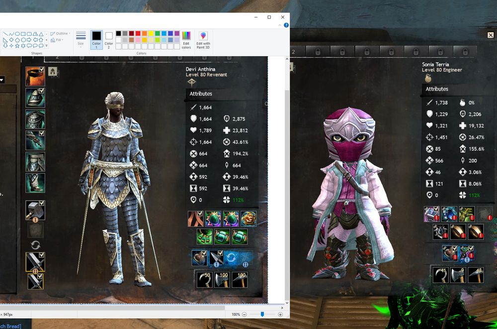 Comparing two characters in Guild Wars 2 with screenshots. The one on the left used the L80 boost item, the one on the right is an organic L80 built in one week of play.The one on the left has higher stats across the board except having like 5% more attack, at the cost of being down 90% on numerous others.