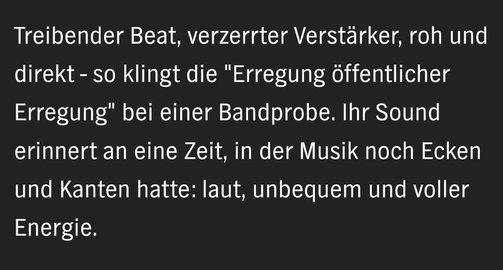 Screenshot eines Artikelausschnitts mit dem Text:

Treibender Beat, verzerrter Verstärker, roh und direkt - so klingt die "Erregung öffentlicher Erregung" bei einer Bandprobe. Ihr Sound erinnert an eine Zeit, in der Musik noch Ecken und Kanten hatte: laut, unbequem und voller Energie.