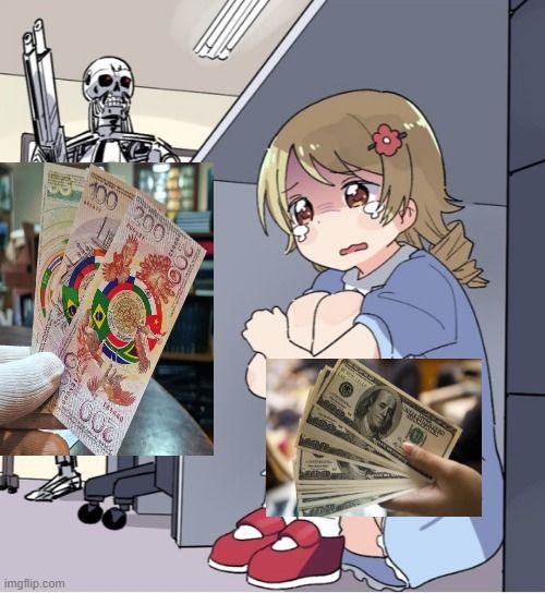 Meme da menina de anime se escondendo do Exterminador, mas ela é o dolar, e o Exterminador é a nova moeda do Brics. 

Chora cheetos sabor demência.