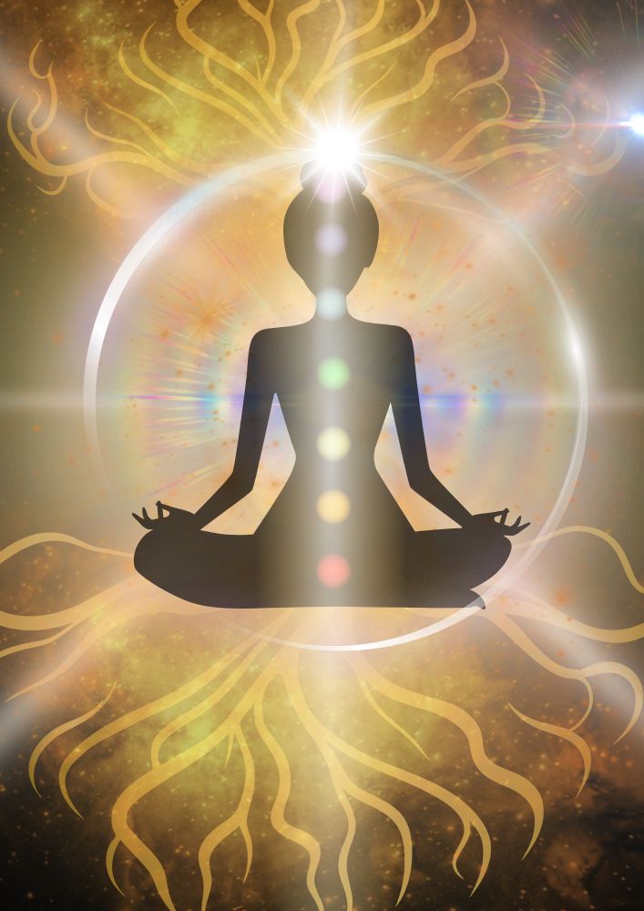 Ein generiertes Bild, im Vordergrund ist eine Schattenfingur, sie sitzt im Lotussitz. Durch ihre Körpermitte gehen die Farben der sieben Chakren (rot, orange,gelb, grün, hellblau,Indigoblau und violett), ebenfalls ein heller Strahl. Hinter der Figur sind verschiedene Farbspektren und ein Kreis, ähnlich einer Seifenblase, in der die Figur sitzt. Über und unter ihr sind Wurzeln wie von einem Baum und über ihren Scheitel leuchtet ein heller Punkt. Sie soll die Verbindung mit und zu allem, was ist, simbolisieren.