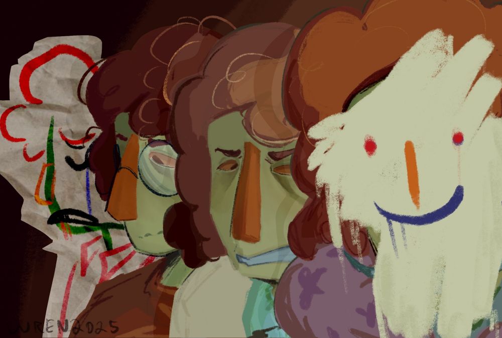 painting of four Boris Habits, each depicting a different point in his life. on the far left is a childish drawing of a young Boris habit, missing teeth and crying with crayon red blood running from his mouth. 

next to the last is a Boris seeking unsure/nervous. hes around college age, is wearing glasses, and looks as if he's about to cry. 

next is a Dr.Habit looking angry. he's dresses in a dentist's coat and scrubs. 

finally, the final Boris is in his usual habitat attire. he seemed to have had his horrifying smile with his stolen teeth, but it was drawn and painted over. his usual terrifying grin covered by a childish drawing of a smile.