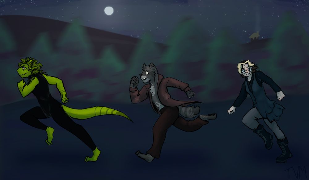 Three characters running in a night scene
