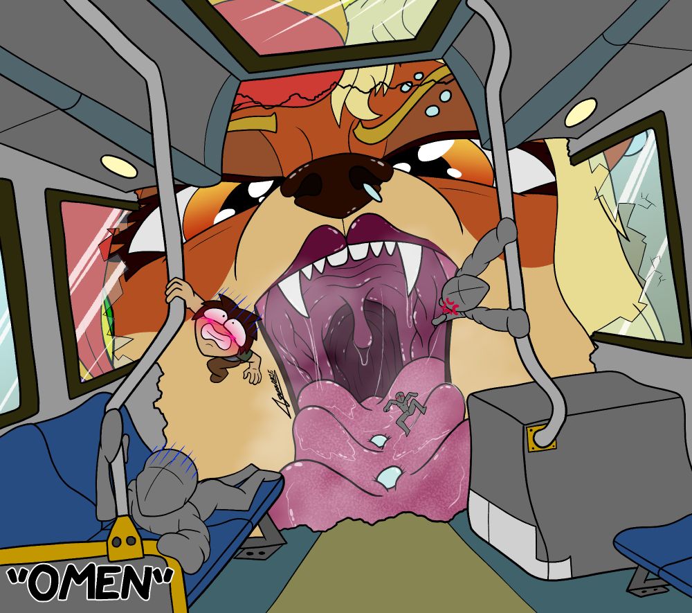 A gigantic bear or kaiju having consumed half of a subway car and a view inside the subway car with passengers holding onto posts and down below is an open maw with a rolled tongue ready to eat the passengers!