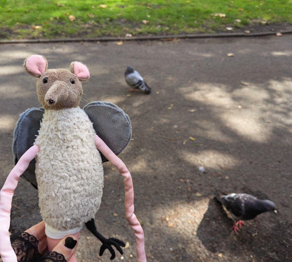 Fabulous creature with a teddybear body, worm arms, a crow foot and a doll foot, pigeon wings, and a shrew head. They're in a park with pigeons pottering in the background 