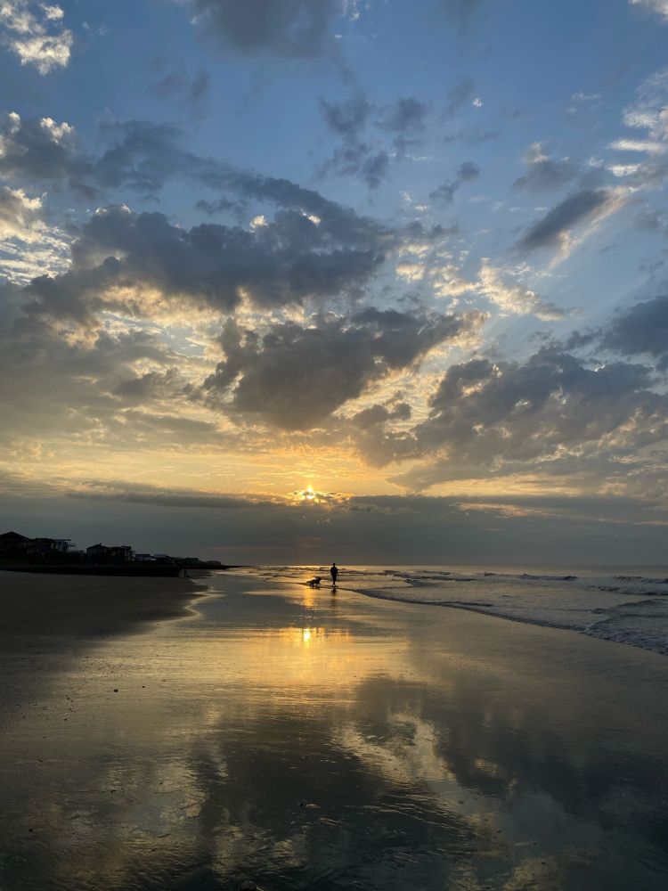 The sun rises over the beach. There is a man walking his Golden Retriever at the surf.