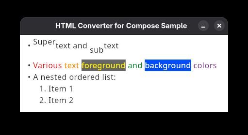 A screenshot of the sample app running on Compose desktop.
A sentence made of colored words is seen in the middle, matching the LGBT+ flag colors.