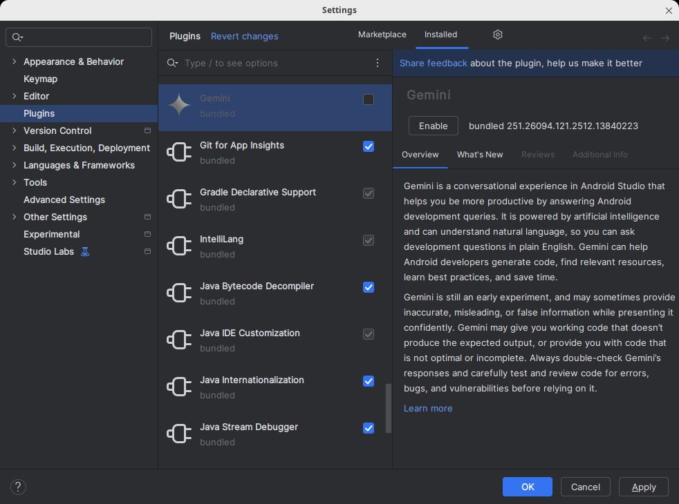 A screenshot of the Settings menu in Android Studio. In the "Plugins" section, the Gemini plugin was disabled.
On the right side, a long descriptive text ends with what can be described as an admission that using an LLM to transpile code will ultimately make you lose time because you are required to triple-check its outputs.