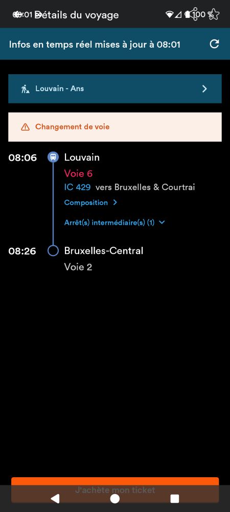 A screenshot of the SNCB/NMBS Android app with both the top and bottom of the screen covered by the system UI, making it impossible to read the title and status bar at the top or to tap the main action button at the bottom.