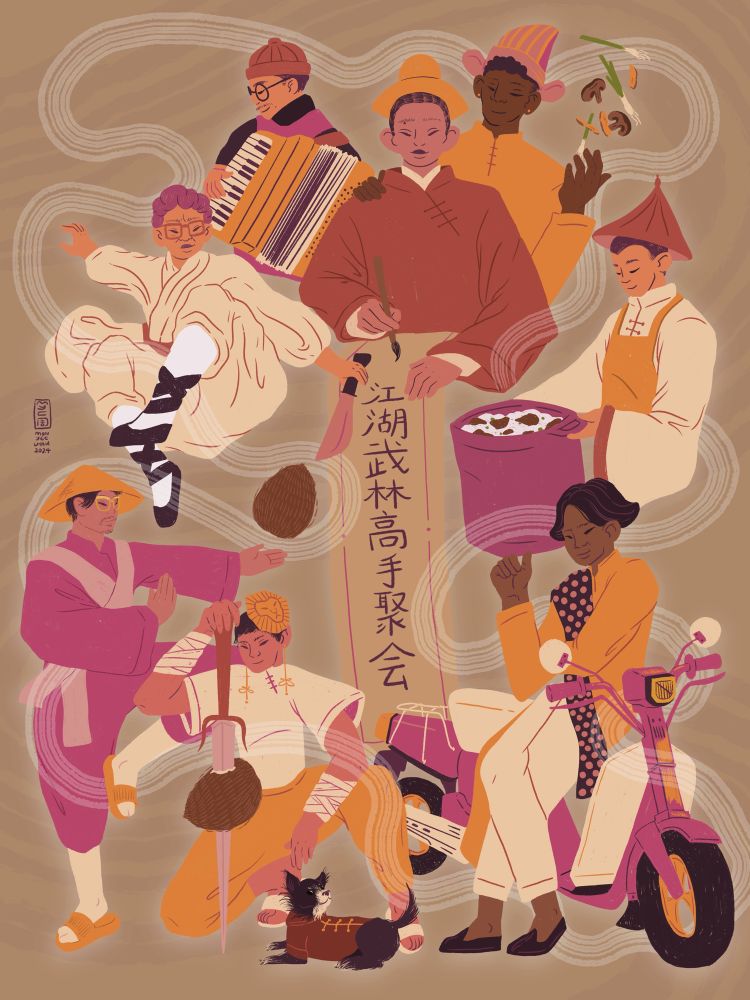 a illustration of a gathering of martial artists imagined 