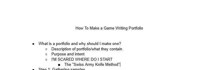 An outline titled "how to make a game writing portfolio" 