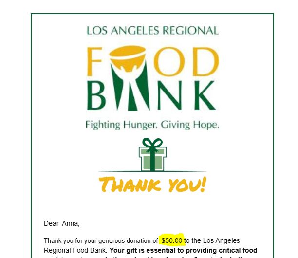 Anna's receipt for a $50 donation to the Los Angeles Regional Food Bank