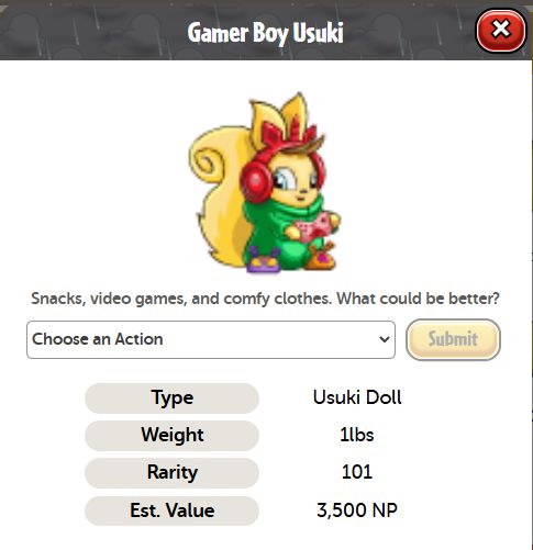 A screenshot from Neopets dot com showing the "Gamer Boy Usuki" doll, a Usuki (Usul) doll appearing to show a young man wearing PJs, holding a controller and wearing headphones