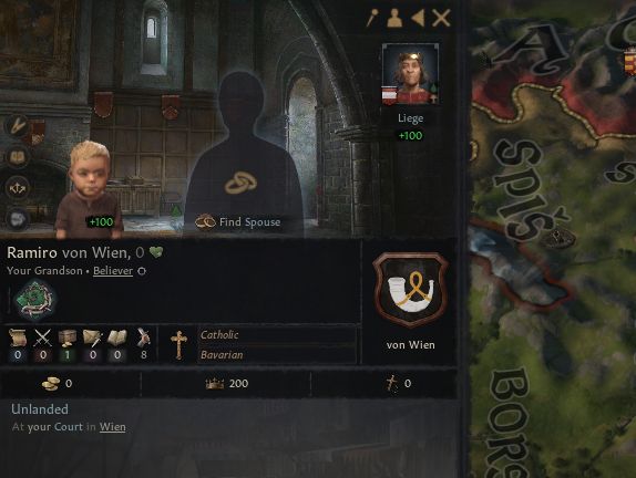 A screenshot from Crusader Kings 3 showing a baby named Ramiro von Wien, 0 years old, who has the Herculean trait, which NO ONE ELSE IN THE FAMILY HAS???? 