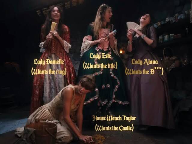Three sitsrers wearing colourful dresses laughs while standing over the house wench beneath them