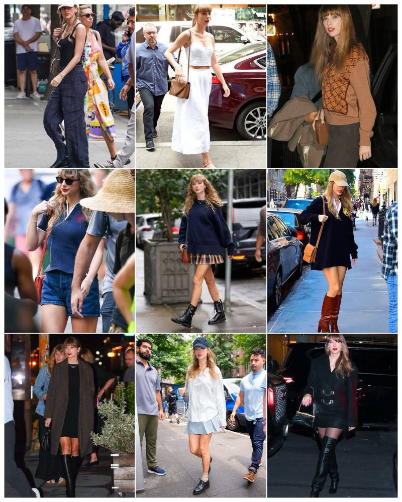 a collage of various preppy taylor swift outfits from 2023 