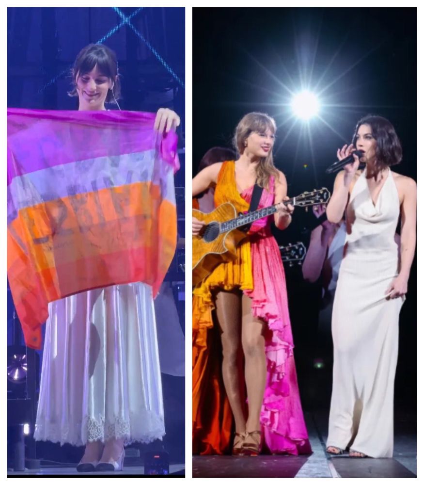 A picture of Gracie Abrams smiling while holding a lesbian flag next to a picture of Taylor swift wearing a lesbian flag coloured dress while holding a guitar as Gracie sings next to her
