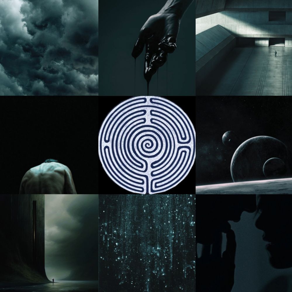 Collage of nine photos: dark clouds, black oil dripping from a hand, empty futuristic room, person's back hunched over, circular labyrinth, planets, futuristic building by the sea, meteor shower, and two men about to kiss.