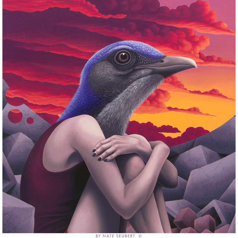Detail of a painting of a human figure with the head of a scrub jay, with sunset clouds behind.