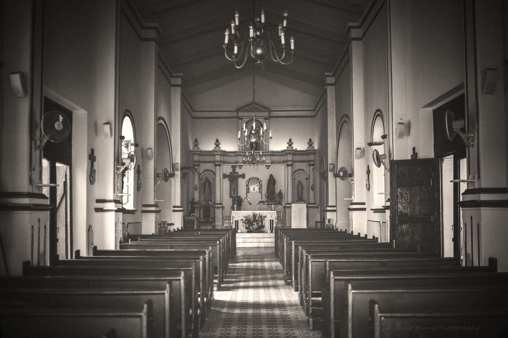 B&W Interior photograph of San José del Cabo Church, at Los Cabos, Mexico. 