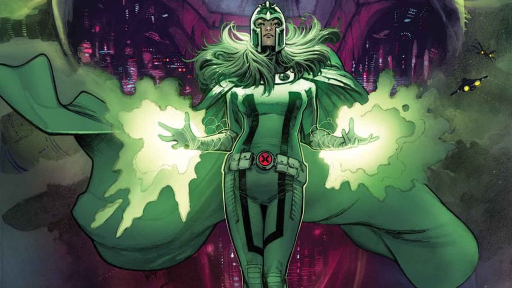 Picture of Polaris/Lorna Dane from X-Men. She’s wearing a green bodysuit with a helmet similar to Magneto’s but with her own touches, and has a long cape. She’s using her powers in space to drag the giant Knowhere head behind her.