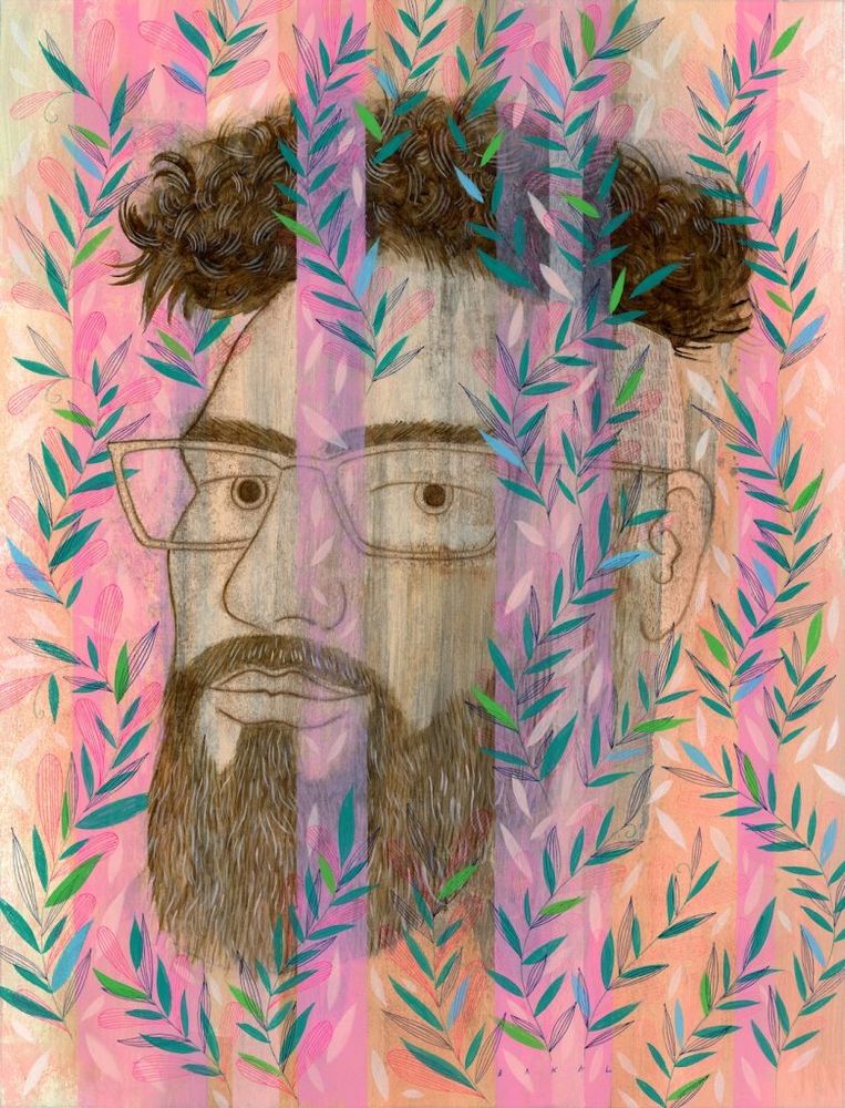 Art of me by Scott Bakal! A head, with thick hair and beard, wearing glasses, on a pink background with an overlay of green leaves. 