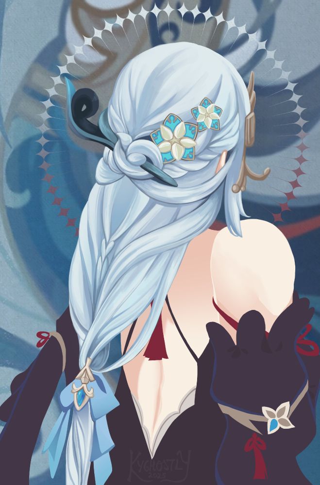 [ID: Digital fanart of shenhe from the back, she's drawn away from the viewer and we can only see her hair pooling down her back. She's drawn in her lantern rite outfit. The background is dark while around her head is a halo of stars.]