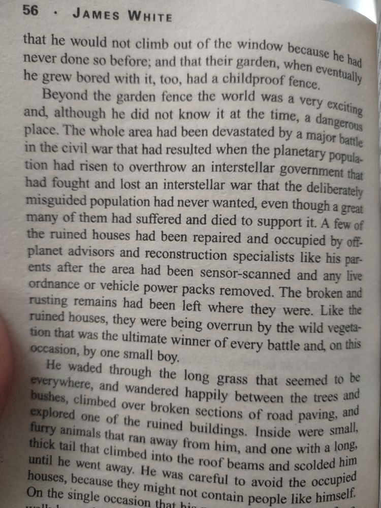 A page of prose depicting a child wandering through an overgrown neighborhood previously damaged by war 