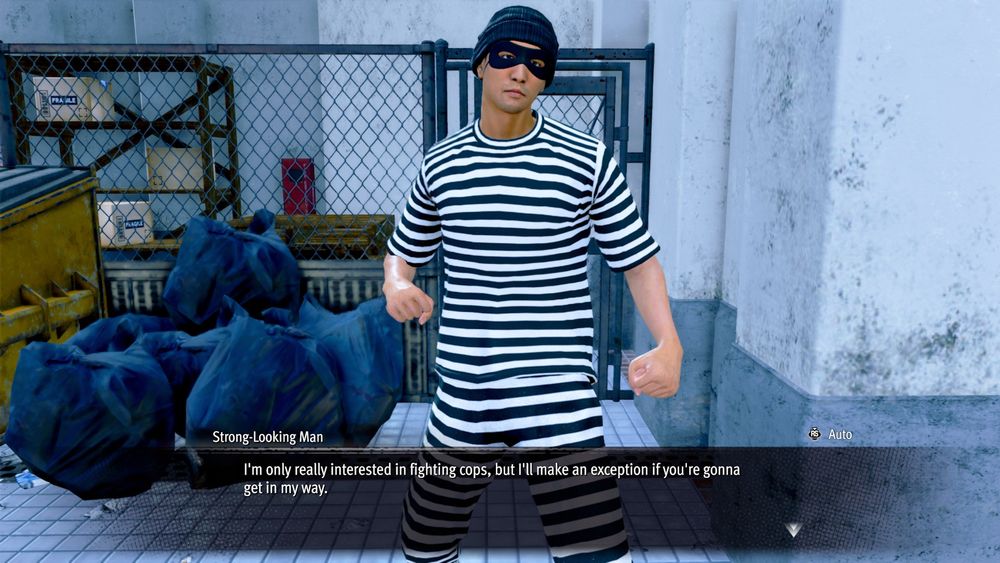 man in a cartoon robber outfit (white and black striped shirt and pants, burglar mask and beanie) saying "I'm only really interested in fighting cops, but I'll make am exception if you're gonna get in my way."