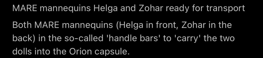 Article text that reads: "MARE mannequins Helga and Zohar ready for transport
Both MARE mannequins (Helga in front, Zohar in the back) in the so-called 'handle bars' to 'carry' the two dolls into the Orion capsule."