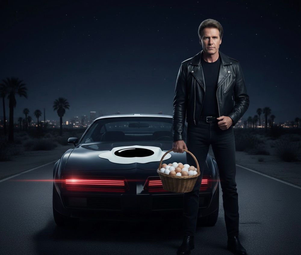 Ein Bild, das aussieht wie Knight Rider - vor dem Auto steht ein Mann, der wie in der Serie an David Hasselhoff erinnert aber auf keinen Fall David Hasselhoff ist und in der Hand einen Bastkorb hält, in dem deutlich Eier zu sehen sind.