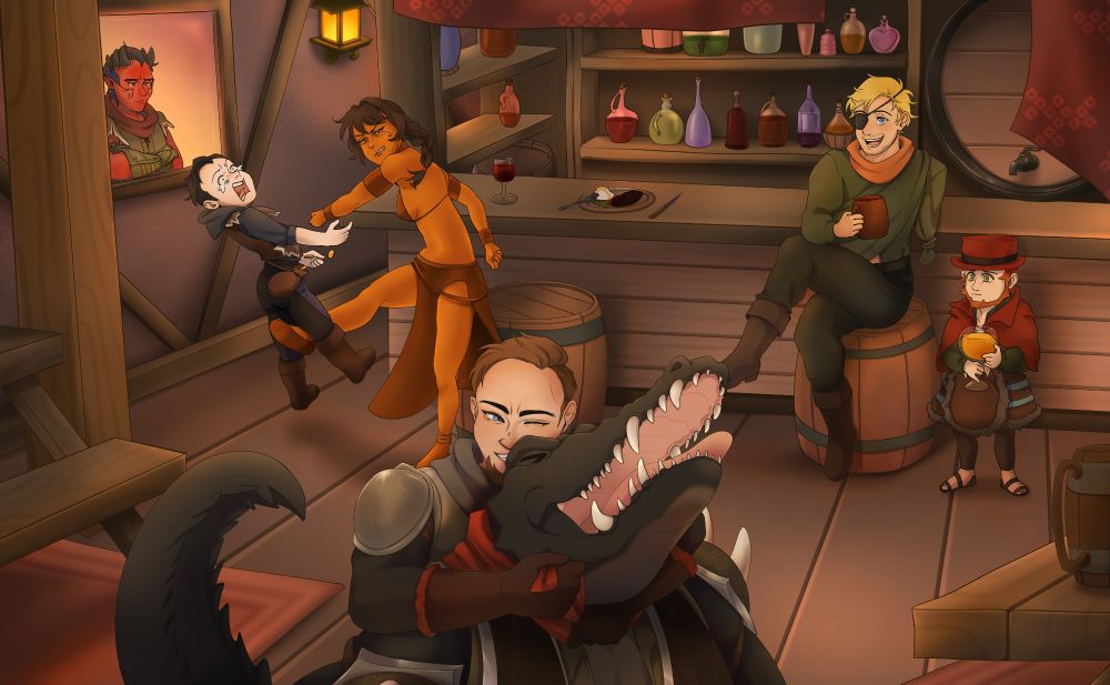 The party enjoys a rest at an inn. Nazfel made a snide comment and Jabari delivers proper punishment with a swift kick. Alistar and Du'vaku watch Marvin and Tilehuac wrestle although Du'vaku is clearly more worried than thrilled by the display. Outside, Thymos watches the shenanigans with a dull grimace.