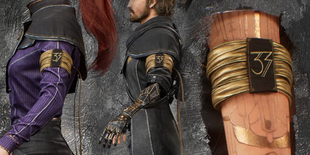 A collage of pictures from the Clair Obscur: Expedition 33 cosplay overview page (https://www.expedition33.com/post/cosplay-guides) highlighting the armband with the number 33 on it. 