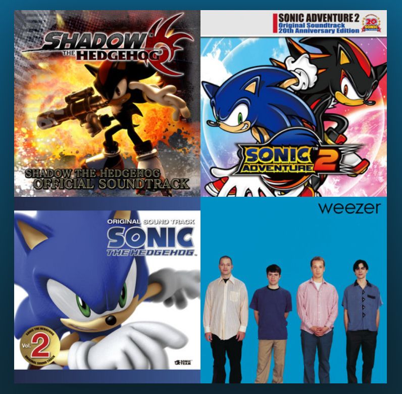 a screenshot of the cover to a spotify playlist. It shows 3 album covers from sonic game soundtracks and then the cover from weezer’s blue album