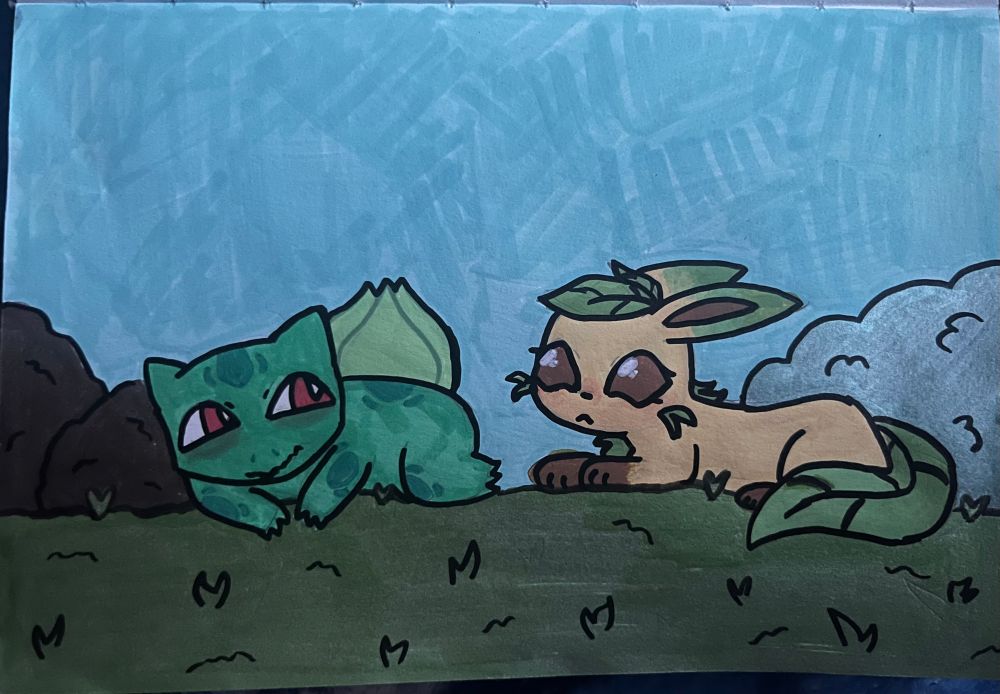 a very old drawing i made with acrylic markers of Leaf (eva's leafeon) watching Bulby (her friend walter's bulbasaur) try to take a nap. this was before i drew Leaf with the normal leafeon hair floop thingy so he has weird bangs or something. i have no idea what i was going for honestly