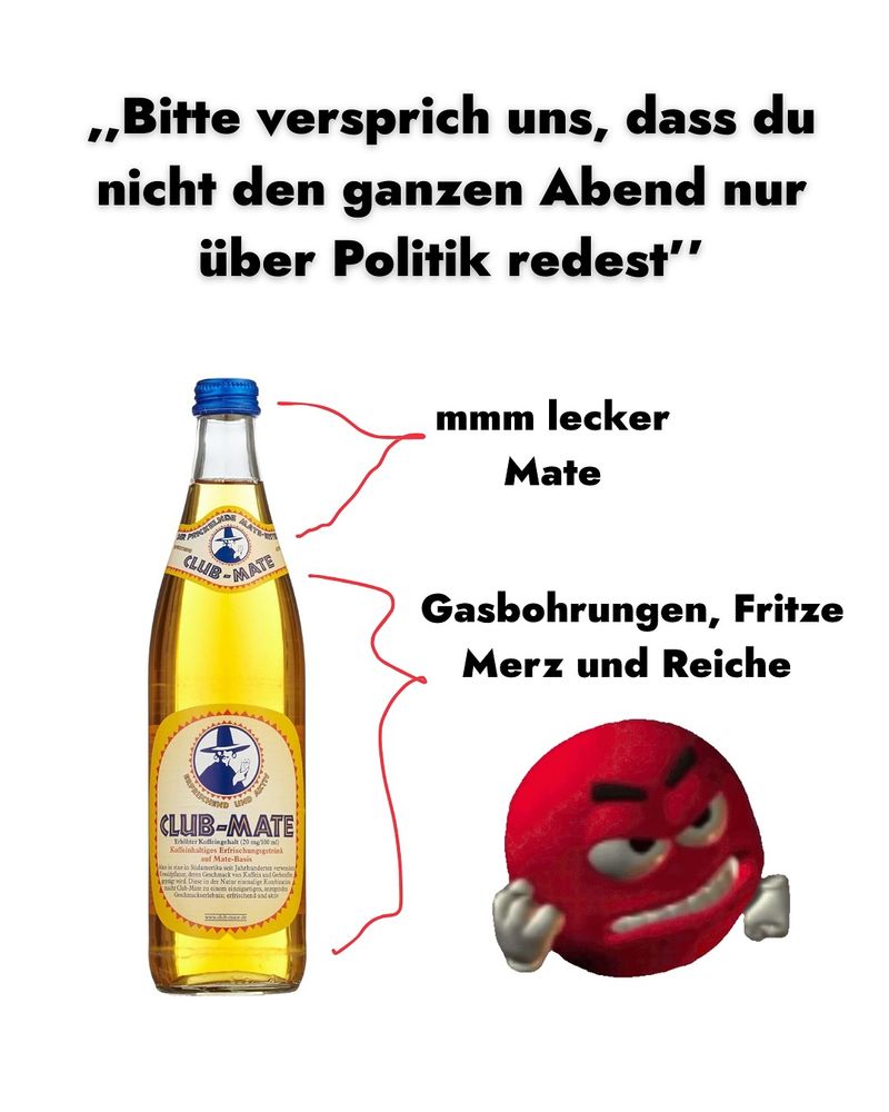 Sharepic. Oben steht: "Bitte verspricht uns, dass du nicht den ganzen Abend nur über Politik redest" .Daneben eine Mateflasche wo am Oberrand steht: "mm lecker Mate" und für dreiviertel der Flasche: "Gasbohrungen, Fritze Merz und Reiche" . Daneben ein wütendes Emoji