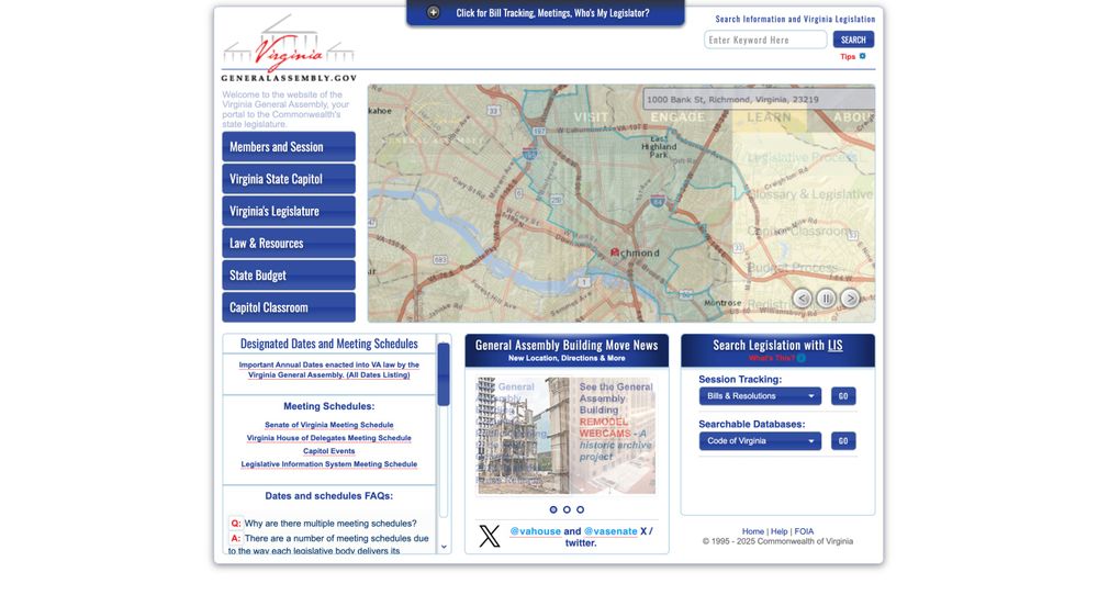 A screenshot of the old Virginia General Assembly Website that looks completely different from the new one.