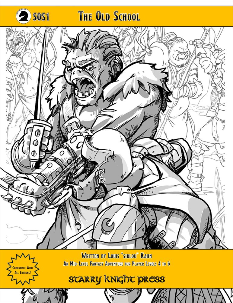 Cover of the Starry Knight Press book "The Old School" featuring a humanoid fighting a human warrior, with a band of onlookers cheering them on!
