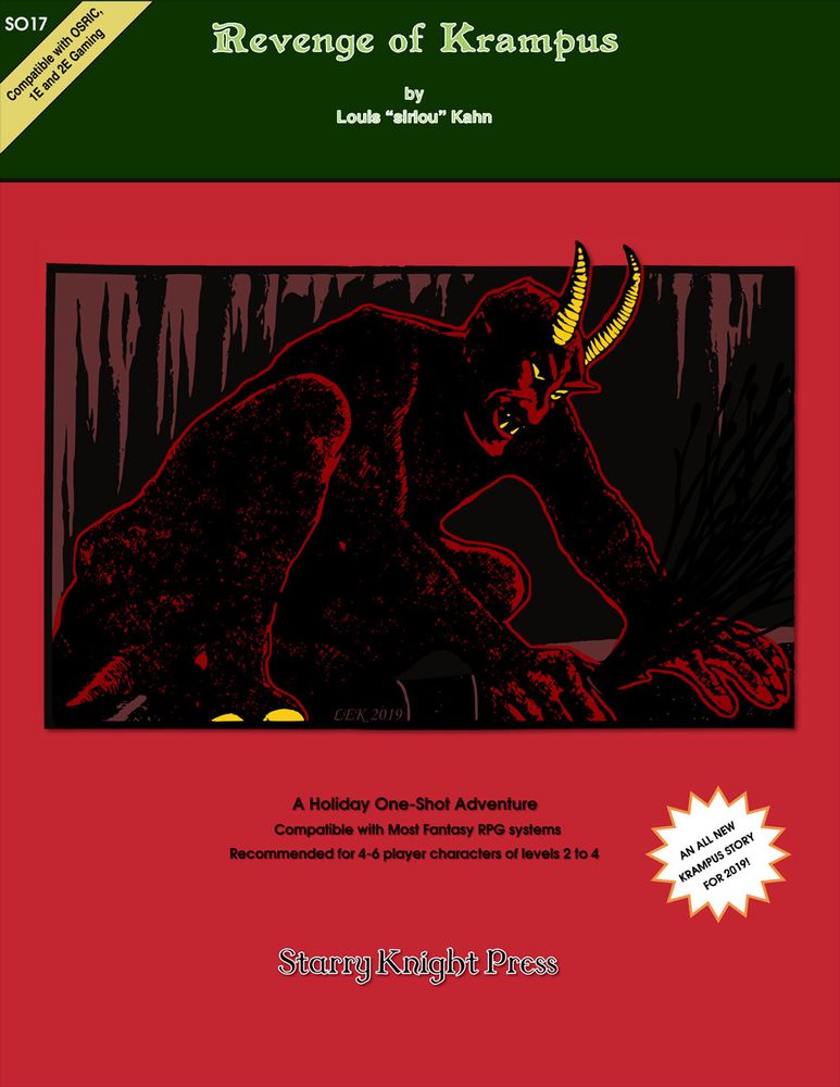 Cover of the Starry Knight Press book "Revenge of Krampus", showing Krampus hunched over in a cavern, peering down.