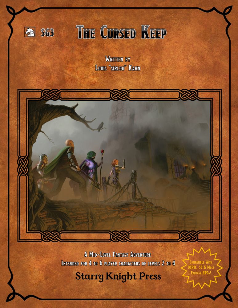 Cover of the Starry Knight Press book "The Cursed Keep" featuring a groups of adventurers walking up a path to the fate of a keep, obscured by mist.