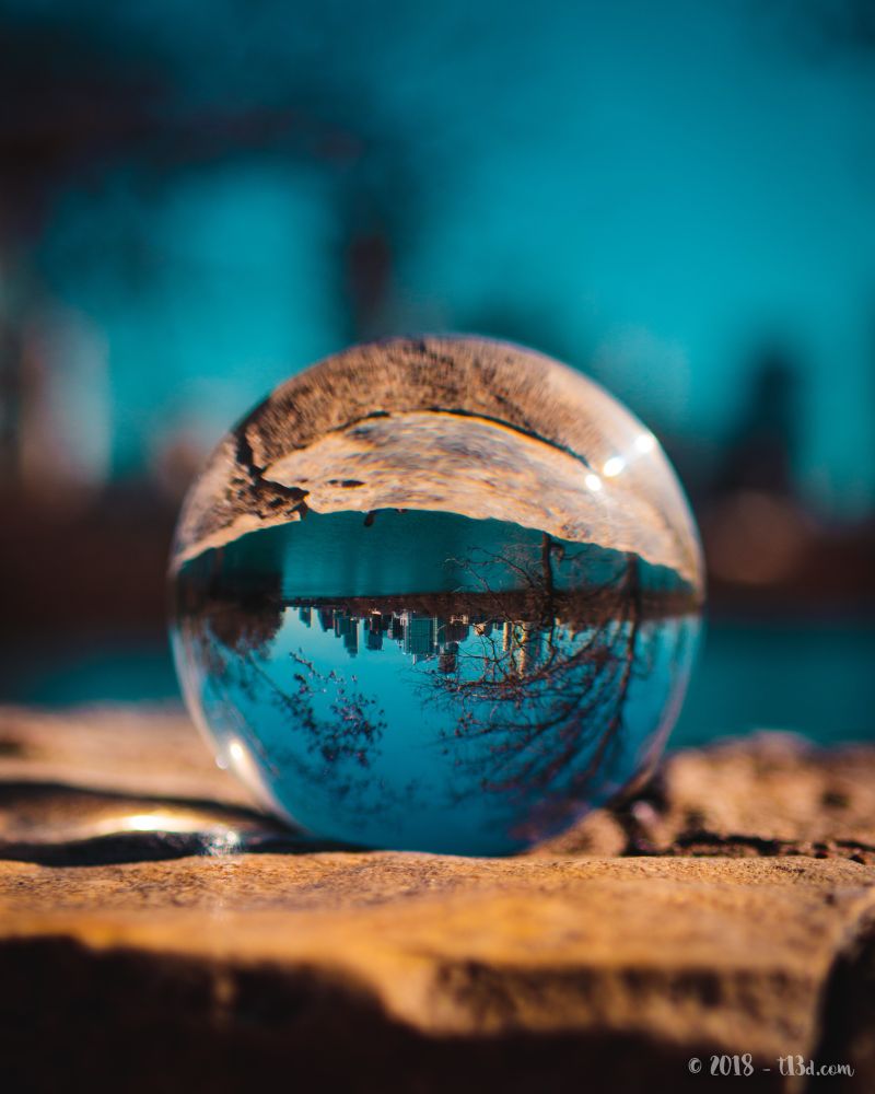 Glass ball showing the Austin skyline, inverted