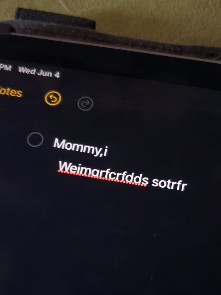 close up of iPad screen showing message in notes app:
Mommy,i
Weimarfcrfdds sotrfr