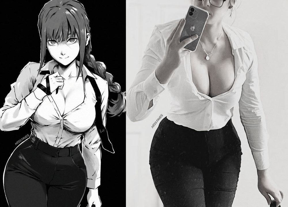 Side by side comparison of Makima from Chainsaw Man.  Black and white drawing by MissFaves.  Highlighting part of my process for taking ref pics and incorporating myself into my art whenever possible.