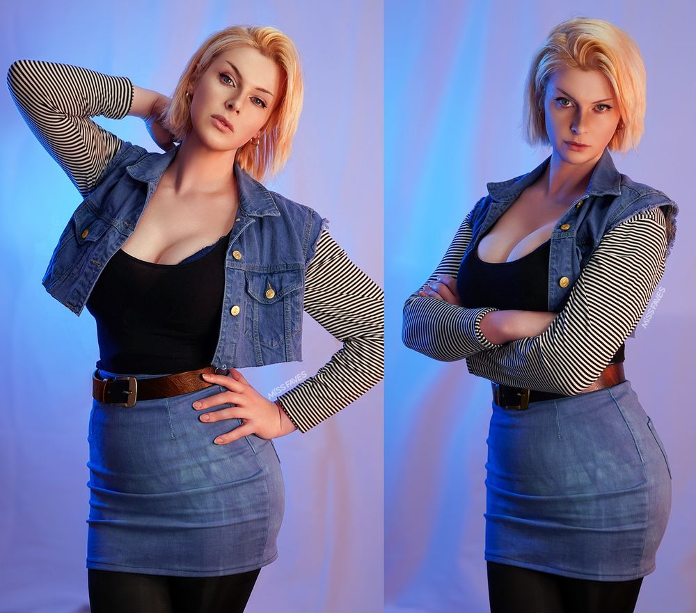 MissFaves cosplay of Android 18 / Cyborg 18 from Dragon Ball series in her jean jacket, striped shirt outfit from the Androids saga.  I figured I drew her in her Cell Saga fit so may as well cosplay her in another outfit.

Completely unrelated--but if you are a short bald man please DM me.  Its urgent.