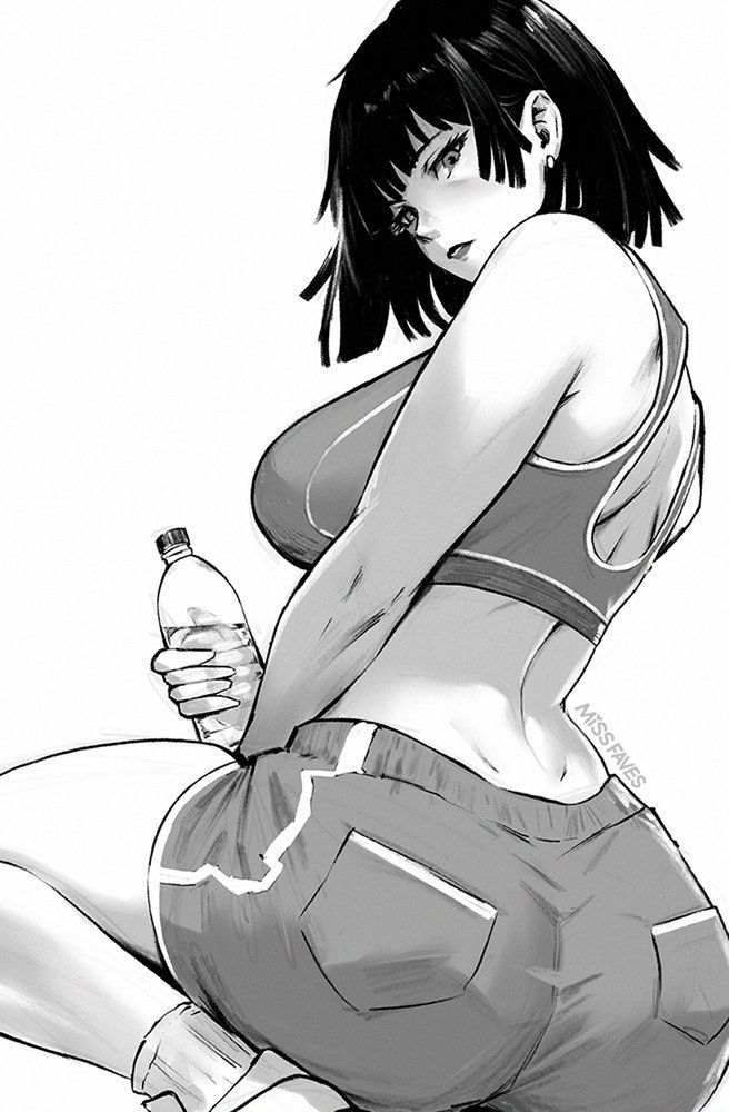 Black and white drawing / illustration / fanart by MissFaves of Fubuki from One Punch Man in sports clothes.  One of my many Fubuki fits