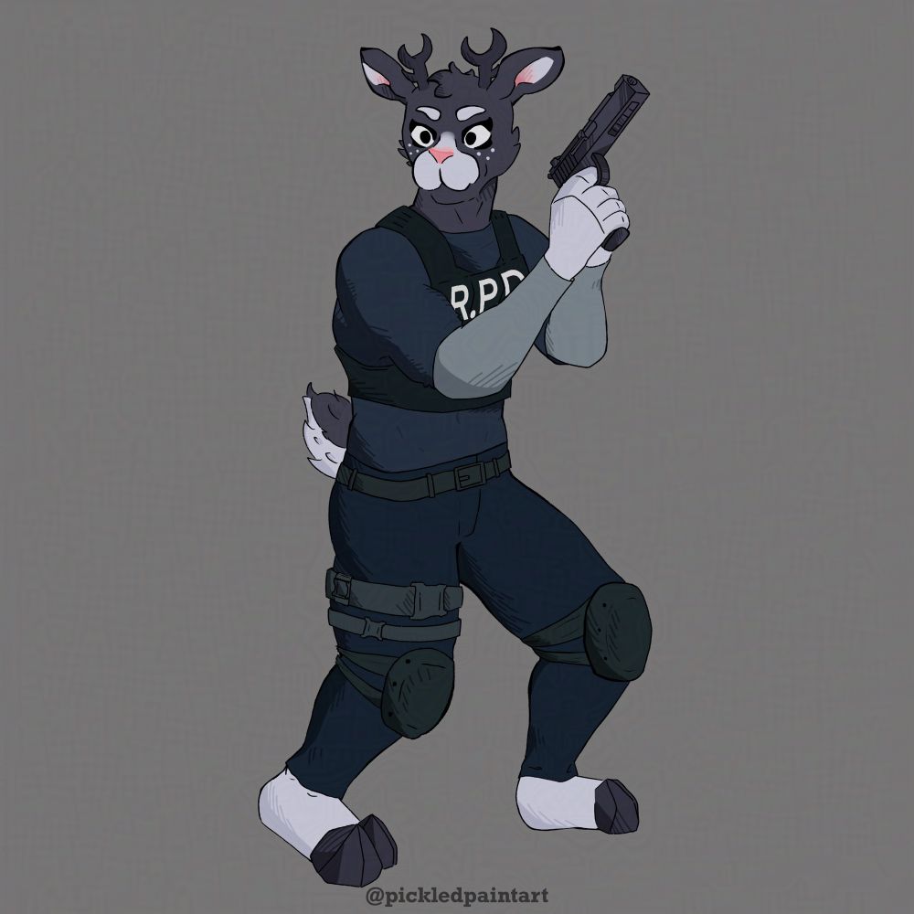 A drawing of Lemons jackalope sona standing in a very Leon Kennedy style pose